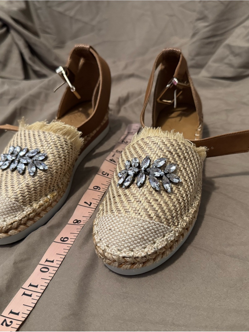 Crown Vintage Tan Beige Woven Espadrilles with Crystal Embellishment - Picture 3 of 10
